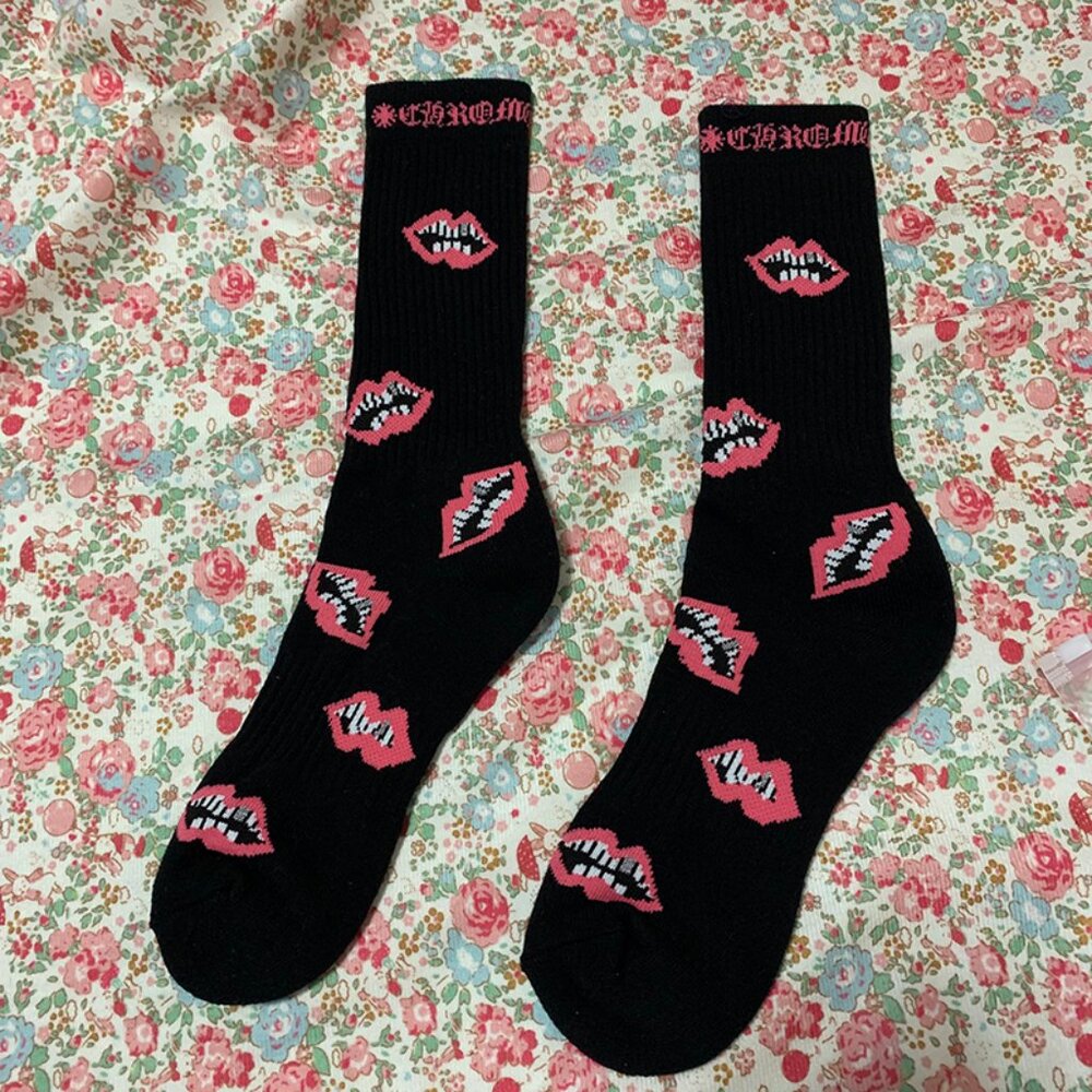 chrome hearts red lips black cotton socks
